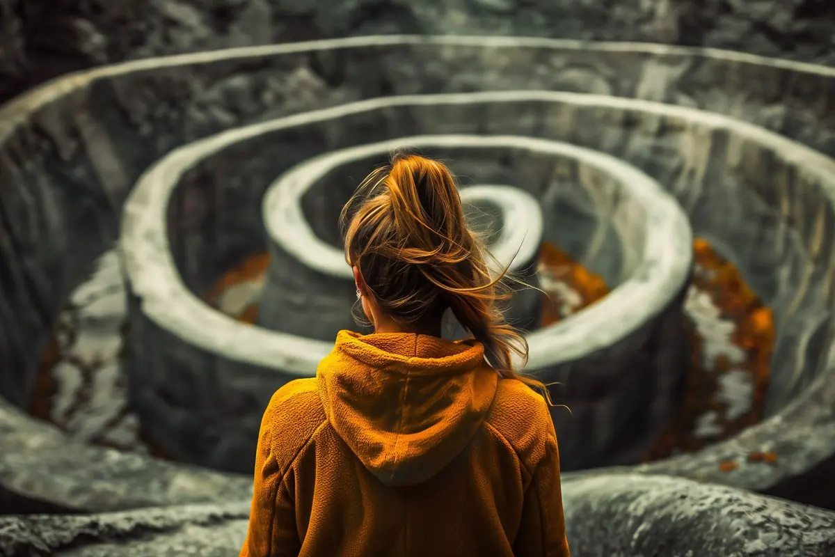 Jugendliche blickt auf eine Spirale aus Stein