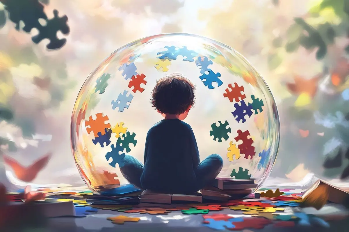 Kind sitzt in einer Glaskugel voller bunter Puzzleteile