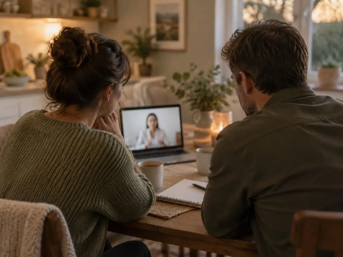 Eltern sitzen gemeinsam am Küchentisch in einer Online-Beratung am Laptop