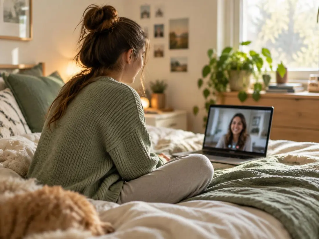 Junge Frau sitzt auf ihrem Bett und führt ein Videogespräch am Laptop